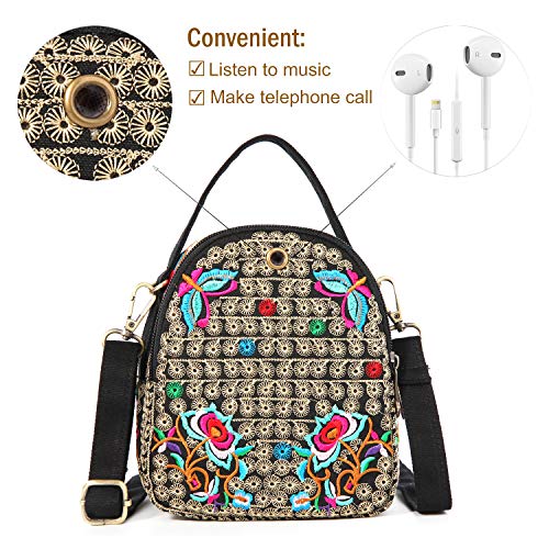 Embroidery Canvas Shoulder Bag Women Vintage Boho Mini Crossbody Bag Handbag Cell Phone Pouch (Red)