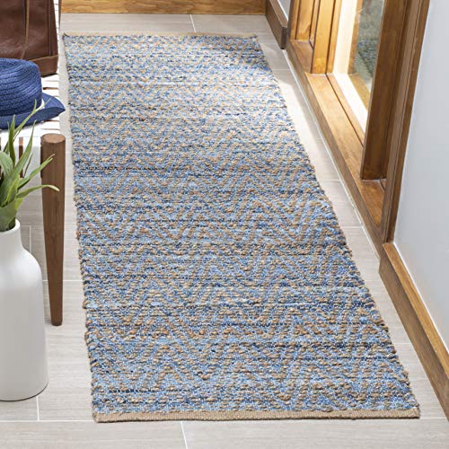 SAFAVIEH Cape Cod Collection 2'3" x 16' Natural / Blue CAP350A Handmade Flatweave Coastal Braided Jute Runner Rug