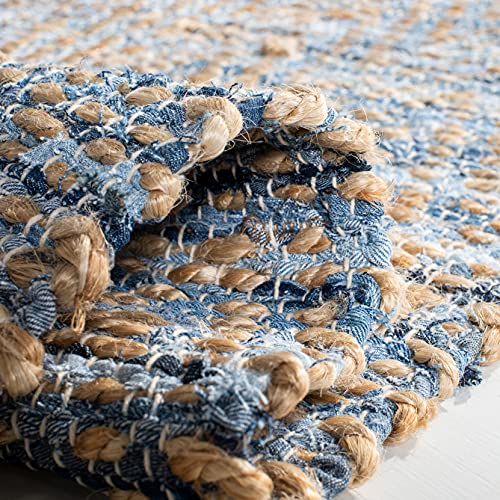 SAFAVIEH Cape Cod Collection 2'3" x 16' Natural / Blue CAP350A Handmade Flatweave Coastal Braided Jute Runner Rug