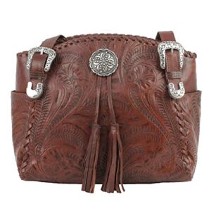 american west leather – multi compartment tote bag -purse holder bundle (brown – bolo concho)