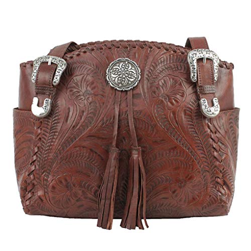 American West Leather - Multi Compartment Tote Bag -Purse Holder Bundle (Brown - Bolo Concho)