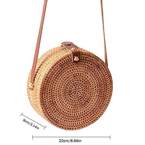 Hossejoy Handwoven Round Rattan Bag Shoulder Leather Straps for Women