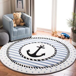 safavieh carousel kids collection 5’3″ round ivory / navy crk124a nautical anchor nursery playroom area rug
