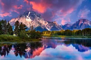 sunrise at oxbow bend grand teton national park photo photograph mountain nature landscape scenic scenery parks picture america trees autumn lake reflection cool wall decor art print poster 36×24