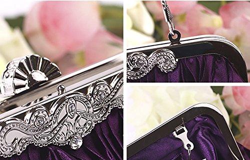 QZUnique Women's Vintage Satin Clutch Purse Pleated Crystal Evening Handbag Shoulder Bag Purple