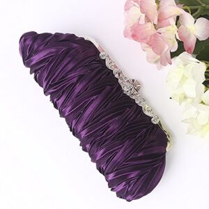 QZUnique Women's Vintage Satin Clutch Purse Pleated Crystal Evening Handbag Shoulder Bag Purple