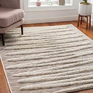 Well Woven Bergen Beige Flat-Weave Hi-Low Pile Geometric Stripes Moroccan Tribal Area Rug 8x10 (7'10" x 9'10")