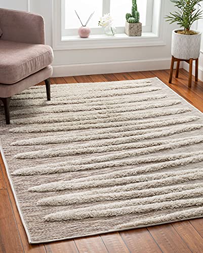 Well Woven Bergen Beige Flat-Weave Hi-Low Pile Geometric Stripes Moroccan Tribal Area Rug 8x10 (7'10" x 9'10")