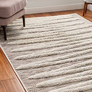 Well Woven Bergen Beige Flat-Weave Hi-Low Pile Geometric Stripes Moroccan Tribal Area Rug 8x10 (7'10" x 9'10")