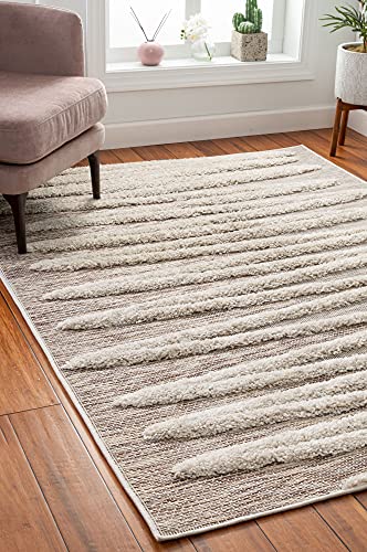 Well Woven Bergen Beige Flat-Weave Hi-Low Pile Geometric Stripes Moroccan Tribal Area Rug 8x10 (7'10" x 9'10")