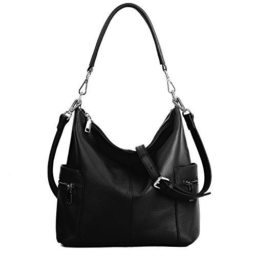 YALUXE Women's Multi Pocket Soft Cowhide Leather Medium Purse Style Shoulder Bag Black