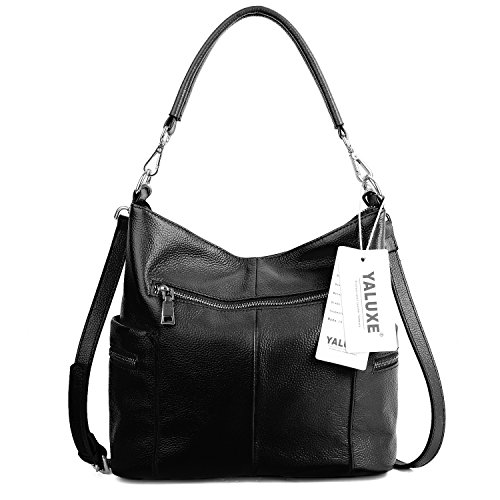 YALUXE Women's Multi Pocket Soft Cowhide Leather Medium Purse Style Shoulder Bag Black