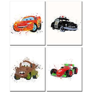 cars watercolor prints – set of 4 (8 inches x 10 inches) wall art decor kids bedroom photos lightning mcqueen tow mater francesco bernoulli sheriff