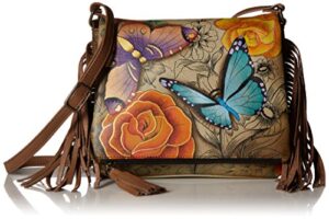 anna by anuschka women’s genuine leather flap-over cross body | hand painted original artwork | floral paradise tan