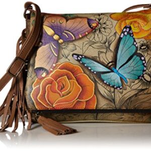 Anna by Anuschka Women's Genuine Leather Flap-Over Cross Body | Hand Painted Original Artwork | Floral Paradise Tan