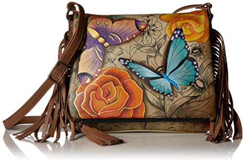 Anna by Anuschka Women's Genuine Leather Flap-Over Cross Body | Hand Painted Original Artwork | Floral Paradise Tan