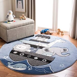 safavieh carousel kids collection 5’3″ round blue/grey crk121b animal nursery playroom area rug