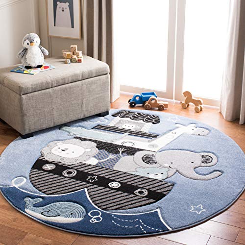 SAFAVIEH Carousel Kids Collection 5'3" Round Blue/Grey CRK121B Animal Nursery Playroom Area Rug