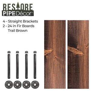 Industrial Pipe Wooden Shelves Restore by Pipe DÉCOR Premium Douglas Fir Wood Shelving 24 Inch Length Set of 2 Boards and 4 Straight Brackets Trail Brown Finish