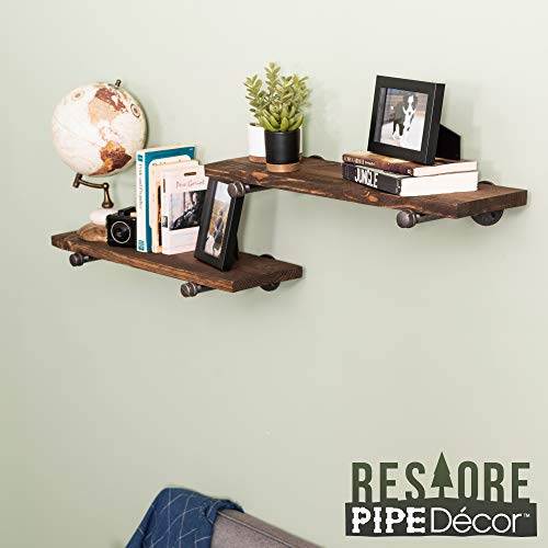 Industrial Pipe Wooden Shelves Restore by Pipe DÉCOR Premium Douglas Fir Wood Shelving 24 Inch Length Set of 2 Boards and 4 Straight Brackets Trail Brown Finish