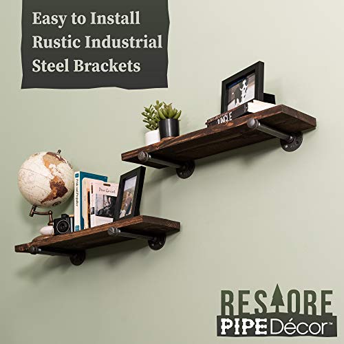 Industrial Pipe Wooden Shelves Restore by Pipe DÉCOR Premium Douglas Fir Wood Shelving 24 Inch Length Set of 2 Boards and 4 Straight Brackets Trail Brown Finish