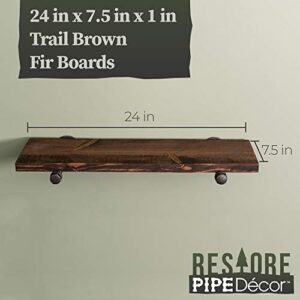 Industrial Pipe Wooden Shelves Restore by Pipe DÉCOR Premium Douglas Fir Wood Shelving 24 Inch Length Set of 2 Boards and 4 Straight Brackets Trail Brown Finish