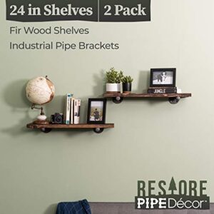 Industrial Pipe Wooden Shelves Restore by Pipe DÉCOR Premium Douglas Fir Wood Shelving 24 Inch Length Set of 2 Boards and 4 Straight Brackets Trail Brown Finish