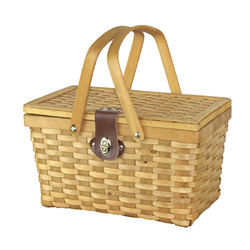 Vintiquewise.com Gingham Lined Woodchip Picnic Basket with Lid and Movable Handles