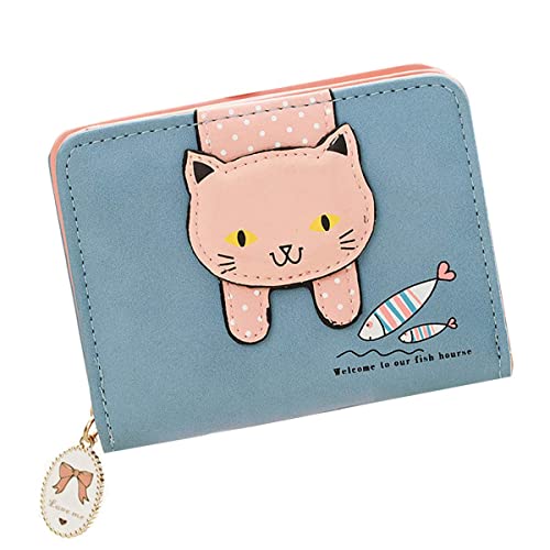 Girls Women Faux Leather Small Wallet Cute Cat Pattern Clutch Purse Coin Holder Card Organizer,Bifold (Blue)