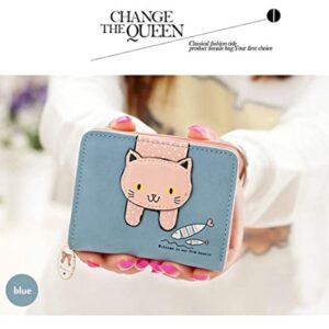 Girls Women Faux Leather Small Wallet Cute Cat Pattern Clutch Purse Coin Holder Card Organizer,Bifold (Blue)