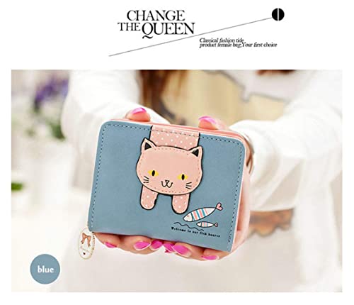 Girls Women Faux Leather Small Wallet Cute Cat Pattern Clutch Purse Coin Holder Card Organizer,Bifold (Blue)