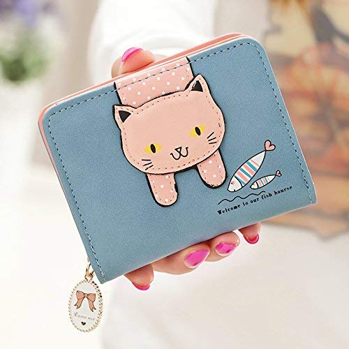 Girls Women Faux Leather Small Wallet Cute Cat Pattern Clutch Purse Coin Holder Card Organizer,Bifold (Blue)