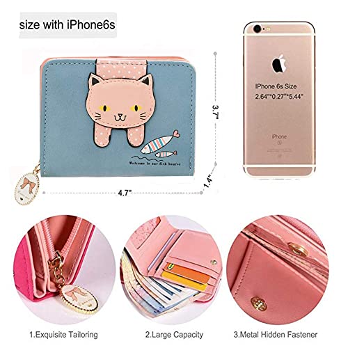 Girls Women Faux Leather Small Wallet Cute Cat Pattern Clutch Purse Coin Holder Card Organizer,Bifold (Blue)