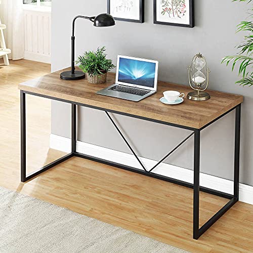 FOLUBAN Rustic Industrial Computer Desk,Wood and Metal Writing Desk, Vintage PC Table for Home Office, Oak 55 inch