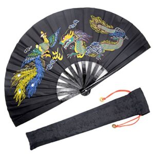 omytea bamboo large rave folding hand fan for men/women – chinese japanese kung fu tai chi handheld fan with fabric case – for performance, decorations, dancing, festival, gift (dragon & phoenix)