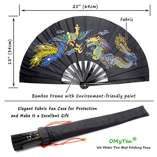 OMyTea Bamboo Large Rave Folding Hand Fan for Men/Women - Chinese Japanese Kung Fu Tai Chi Handheld Fan with Fabric Case - for Performance, Decorations, Dancing, Festival, Gift (Dragon & Phoenix)