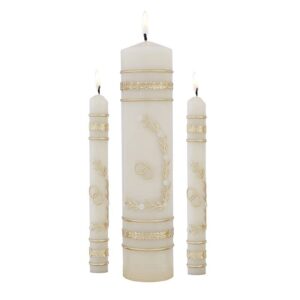 cb church supply hand crafted wedding candle set by will & baumer, set of 3, flowers & rings