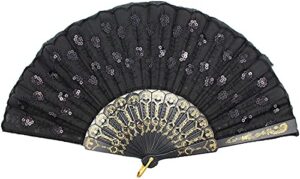 hithop hand fan (black) – elegant fabric folding hand fan – snaps open, easy to handle. cools effortlessly. perfect ballet and dance fan.