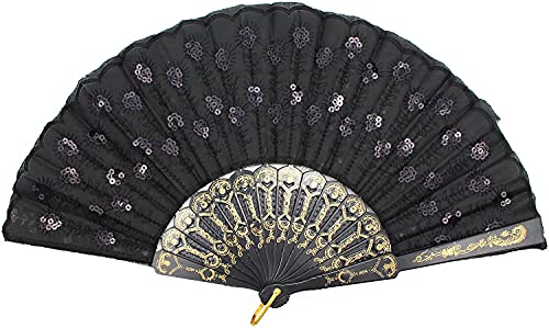 Hithop Hand Fan (Black) - Elegant Fabric Folding Hand Fan - Snaps Open, Easy to Handle. Cools effortlessly. Perfect Ballet and Dance Fan.