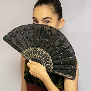 Hithop Hand Fan (Black) - Elegant Fabric Folding Hand Fan - Snaps Open, Easy to Handle. Cools effortlessly. Perfect Ballet and Dance Fan.