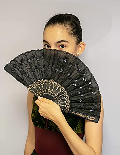 Hithop Hand Fan (Black) - Elegant Fabric Folding Hand Fan - Snaps Open, Easy to Handle. Cools effortlessly. Perfect Ballet and Dance Fan.