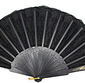 Hithop Hand Fan (Black) - Elegant Fabric Folding Hand Fan - Snaps Open, Easy to Handle. Cools effortlessly. Perfect Ballet and Dance Fan.