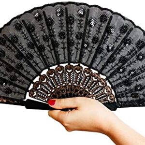 Hithop Hand Fan (Black) - Elegant Fabric Folding Hand Fan - Snaps Open, Easy to Handle. Cools effortlessly. Perfect Ballet and Dance Fan.