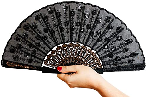 Hithop Hand Fan (Black) - Elegant Fabric Folding Hand Fan - Snaps Open, Easy to Handle. Cools effortlessly. Perfect Ballet and Dance Fan.