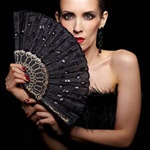 Hithop Hand Fan (Black) - Elegant Fabric Folding Hand Fan - Snaps Open, Easy to Handle. Cools effortlessly. Perfect Ballet and Dance Fan.