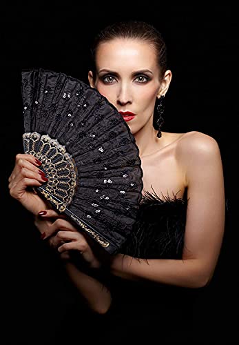 Hithop Hand Fan (Black) - Elegant Fabric Folding Hand Fan - Snaps Open, Easy to Handle. Cools effortlessly. Perfect Ballet and Dance Fan.