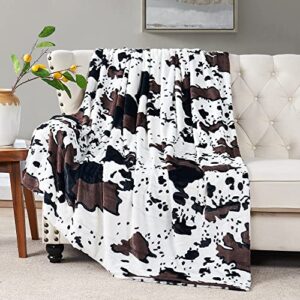 home soft things cow print blanket throws animal black white brown throw for chair bedroom living room sofa couch bed outdoor double sided faux fur fleece soft cozy throw blanket, 50″ x 60″