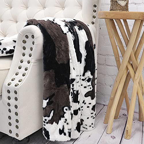 Home Soft Things Cow Print Blanket Throws Animal Black White Brown Throw for Chair Bedroom Living Room Sofa Couch Bed Outdoor Double Sided Faux Fur Fleece Soft Cozy Throw Blanket, 50" x 60"