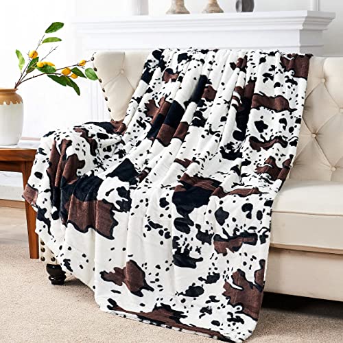 Home Soft Things Cow Print Blanket Throws Animal Black White Brown Throw for Chair Bedroom Living Room Sofa Couch Bed Outdoor Double Sided Faux Fur Fleece Soft Cozy Throw Blanket, 50" x 60"