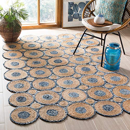 SAFAVIEH Cape Cod Collection 5' x 8' Blue / Natural CAP306M Handmade Boho Braided Jute & Denim Area Rug